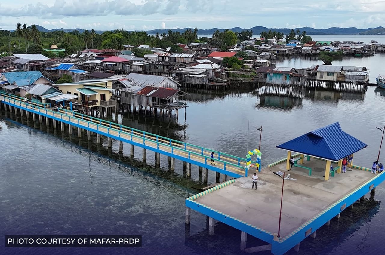 Aerial view of the new fish landing facility and footbridge beside the stilt village of Barangay Tapian, Tandubas